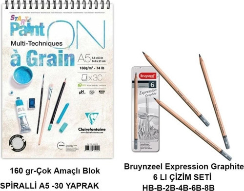 Paint-On A Grain Çizim Bloğu A5 160Gr 30 Yaprak Ve Bruynzeel Expression Graphite Çizim Seti 6'Lı