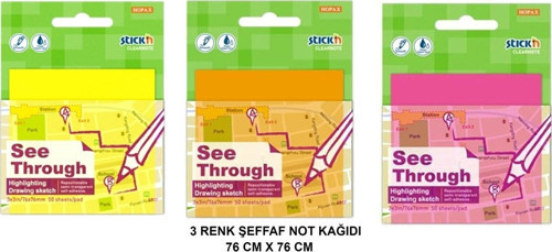 Şeffaf 76X76Mm Yapışkanlı Aydınger Not Kağıdı - 3 Renk