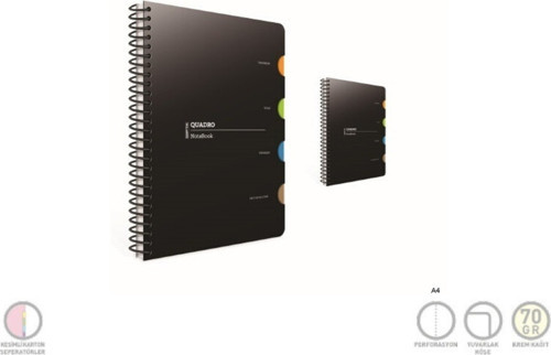 Quadro Spiralli 4 Seperatörlü Plastik Kapak Defter A4 150 Yaprak Çizgili (2 Li Paket) 5548