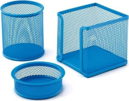 Mavi Perfore A Üstü Metal Üçlü Set Kalemlik Ataşlık Küp Blokdesk Organizer