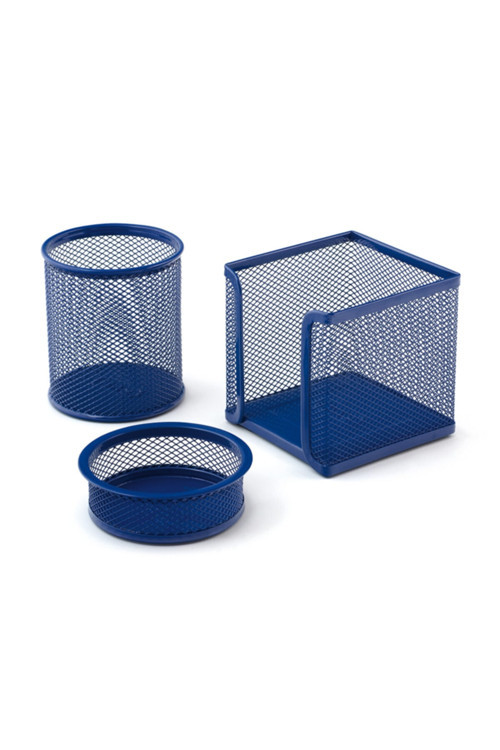 Mavi Perfore A Üstü Metal Üçlü Set Kalemlik Ataşlık Küp Blok Desk Organizer