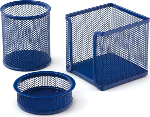 Mavi Perfore A Üstü Metal Üçlü Set Kalemlik Ataşlık Küp Blok Desk Organizer