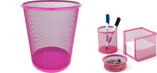 Pembe Çöp Sepeti Ataşlık-Kağıtlık-Kalemlik 3 Lü Metal Perforeli