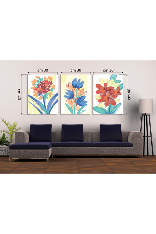 Canlı Suluboya Çiçek Desenli 3'Lü Mdf Tablo Seti | Modern Çiçekler