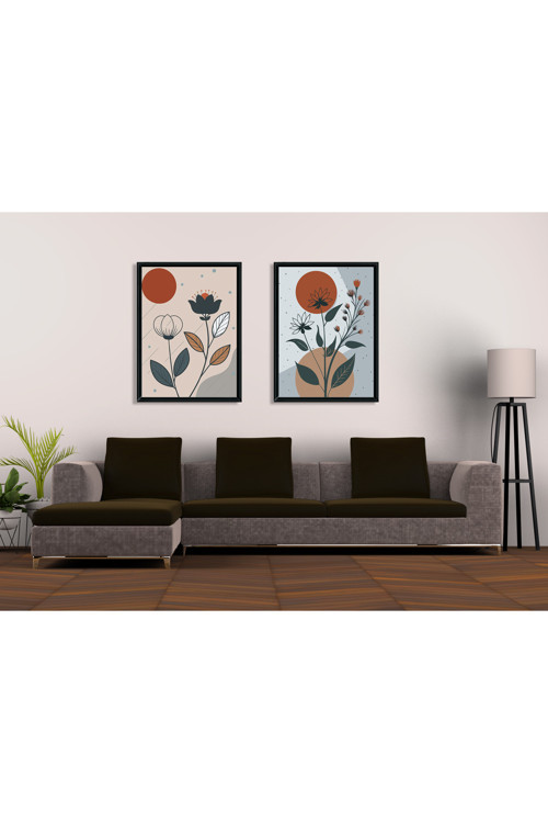 Toprak Tonları Bohem Çiçek 2'Li Mdf Tablo Seti | Modern Çizgisel Sanat | Delmeden Kolay Montaj