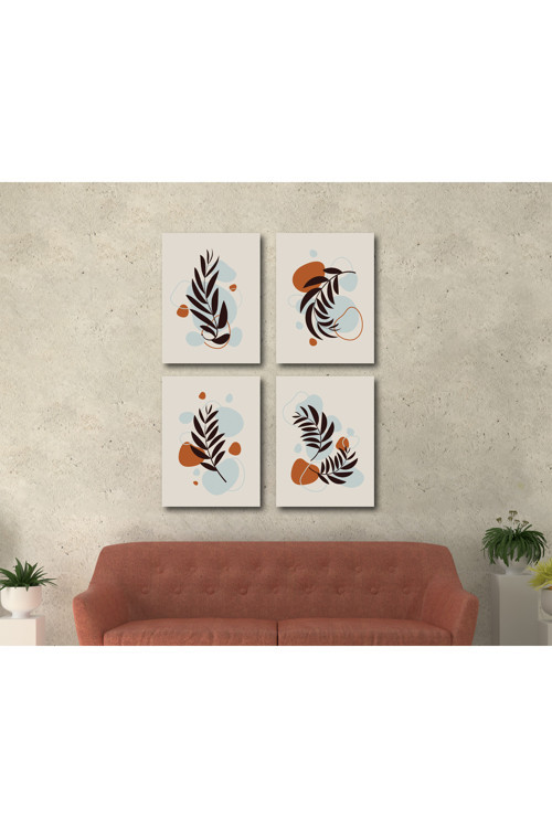 4’Lü Soyut Yaprak Tablo Seti – Kiremit & Mavi Modern Minimal Duvar Dekoru