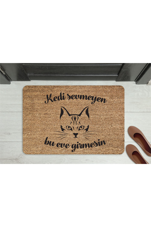 Kedi Sevmeyen Giremez” Yazılı Kedi Figürlü Kapı Önü Paspası – Kaymaz, Yıkanabilir