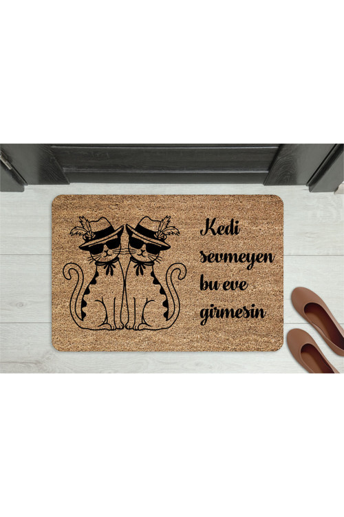 Kedi Sevmeyen Giremez” Yazılı Kedi Figürlü Kapı Önü Paspası – Kaymaz, Yıkanabilir
