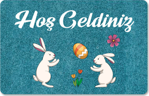 Dijital Baskılı Kapı Önü Paspas Hoşgeldiniz Yazılı Çiçek Desen Ve Tavşan Iç Ve Dış Kapı Yıkanabilir
