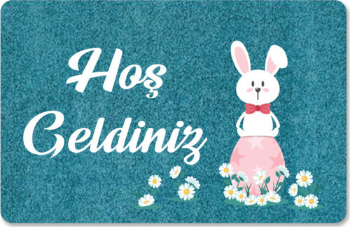 Dijital Baskılı Kapı Önü Paspas Hoşgeldiniz Yazılı Çiçek Desen Ve Tavşan Iç Ve Dış Kapı Yıkanabilir