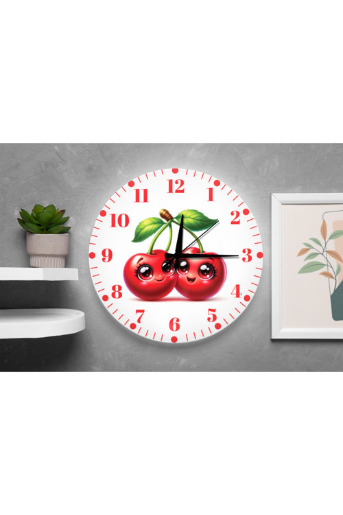 Kiraz Desenli Duvar Saati – Çocuk Odası Dekoratif Sessiz Mekanizma 40 Cm