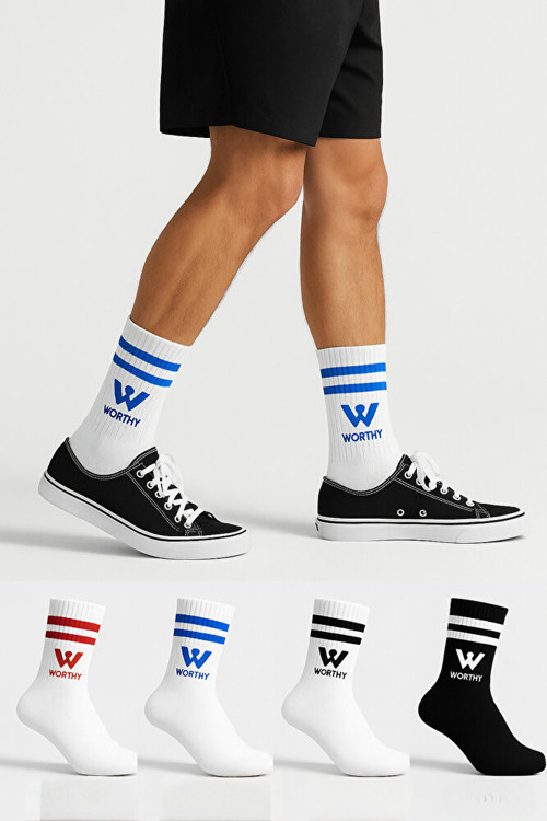 Pamuklu Worthy Desenli ve Çizgili Spor Kolej Çorap 4'lü Paket