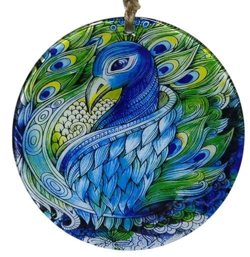 16 Cm El Yapımı Tavus Kuşu Figürlü Dekoratif Cam Duvar Süsü - Hediyelik Dekor