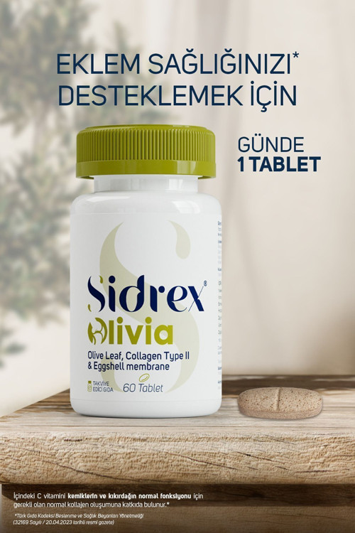 SIDREX Olivia Zeytin Yaprağı Ekstresi Tip 2 Kolajen Yumurta Kabuğu Zarı Içeren Takviye Edici Gıda 60 Tablet
