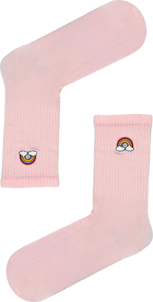 Nakışlı Gökkuşağı Desenli Pembe Çorap