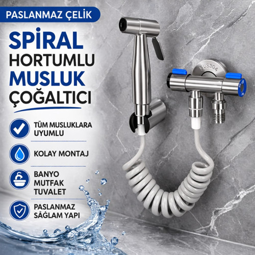 Paslanmaz Çelik Spiral Hortumlu Musluk Çoğaltıcı – Çift Çıkışlı, Sprey Başlıklı, Banyo Tuvalet Lavabo Temizlik Se
