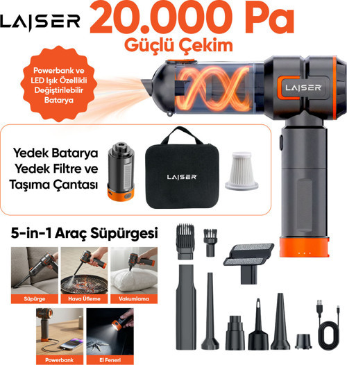 VT-120 5-in-1 Kablosuz Araç Süpürgesi: 20.000 Pa Güç & Değiştirilebilir 2 Bataryalı (Powerbank ve LED Işık Özellikli)