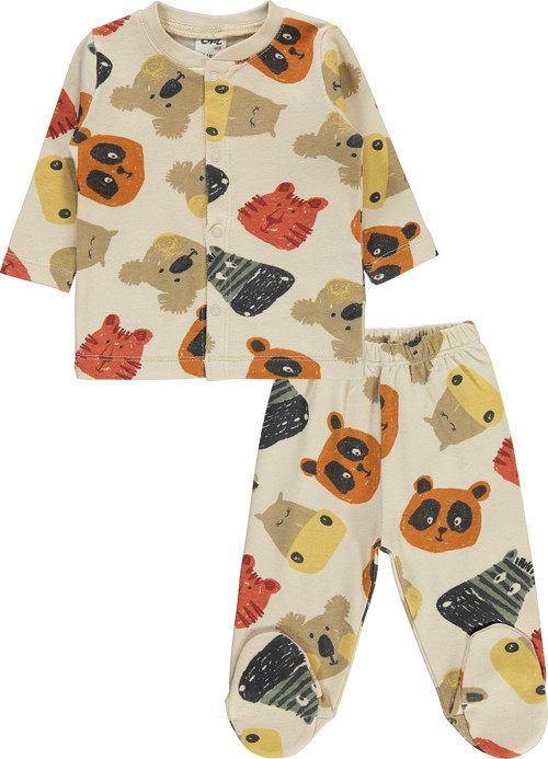 Patikli Sevimli Hayvanlar Empirme Baskılı 1-6 Ay Pijama Takımı - Fil Dişi