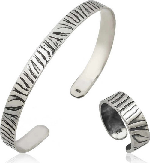 925 Ayar Gümüş Zebra Desenli Bileklik Ve Yüzük Set