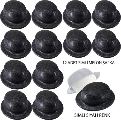 Siyah Renk Simli Melon Yuvarlak Parti Şapkası 12 Adet