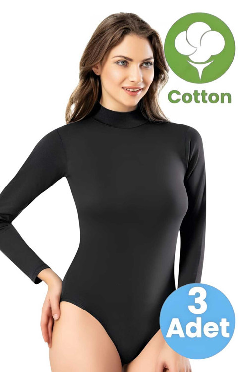 Kadın 3'lü Boğazlı Uzun Kol Çıtçıtlı Body