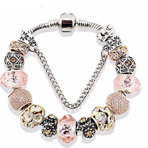 Pandora Tarz, Pink Kristal Gold Charmlı Bileklik, Ahşap Kutu Içerisinde, Yeni Yıl, Yılbaşı Hediye