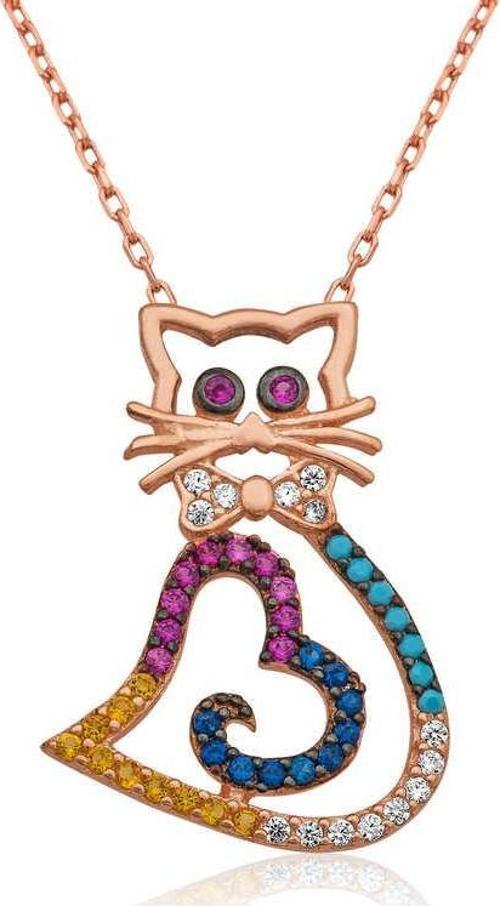 925 Ayar Gümüş Kalpli Kedi Kadın Gümüş Kolye