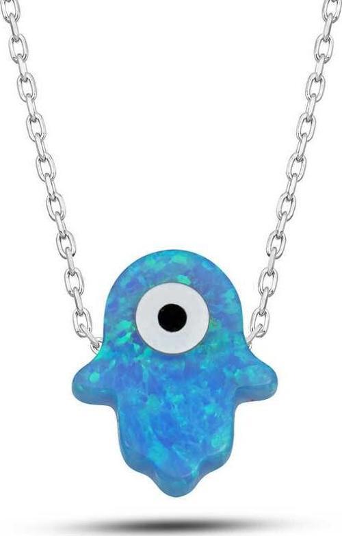 925 Ayar Gümüş Mavi Nazarlı Opal Fatma Ana Eli Kadın Kolye