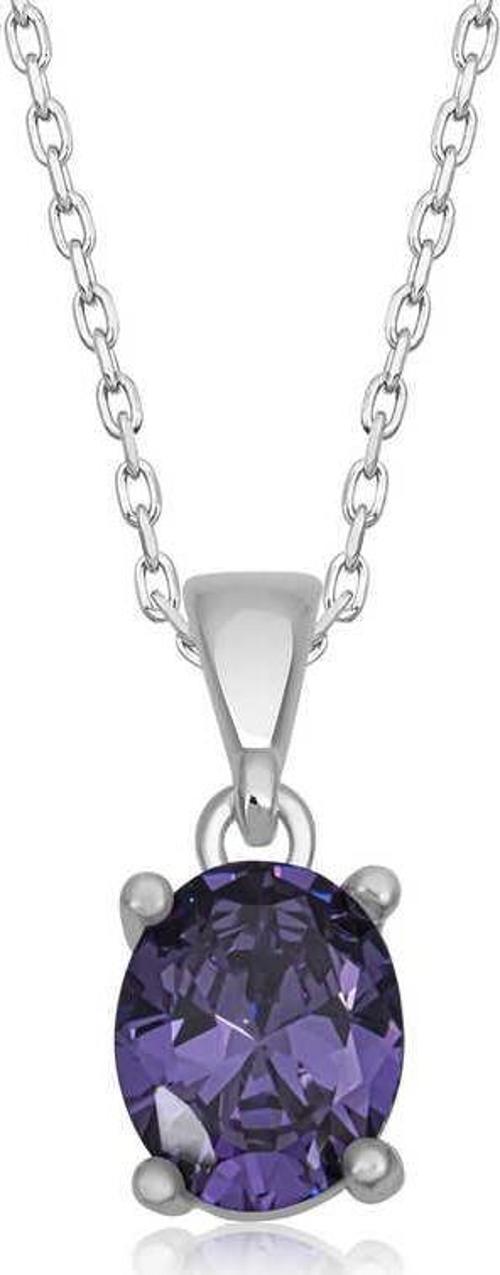 925 Ayar Gümüş Mor Kristal Oval Taşlı Kadın Gümüş Kolye