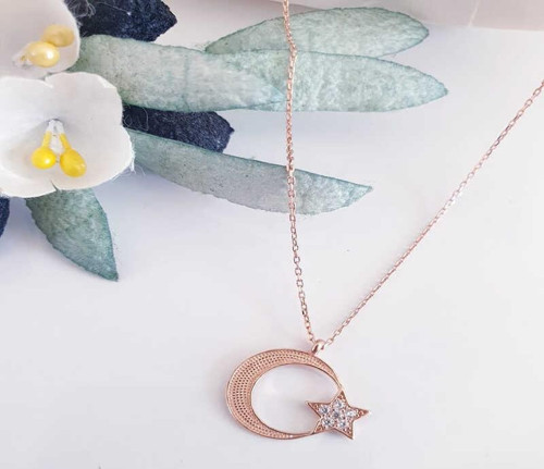 925 Ayar Gümüş Rose Ay Yıldız Kadın Kolye