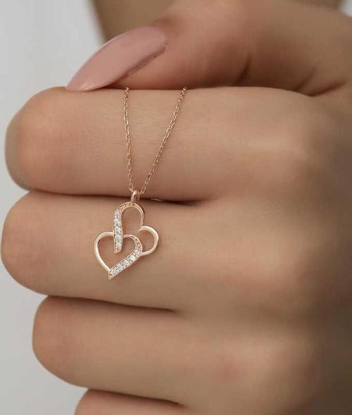 925 Ayar Gümüş Rose Birleşmiş Kalpler Kadın Gümüş Kolye