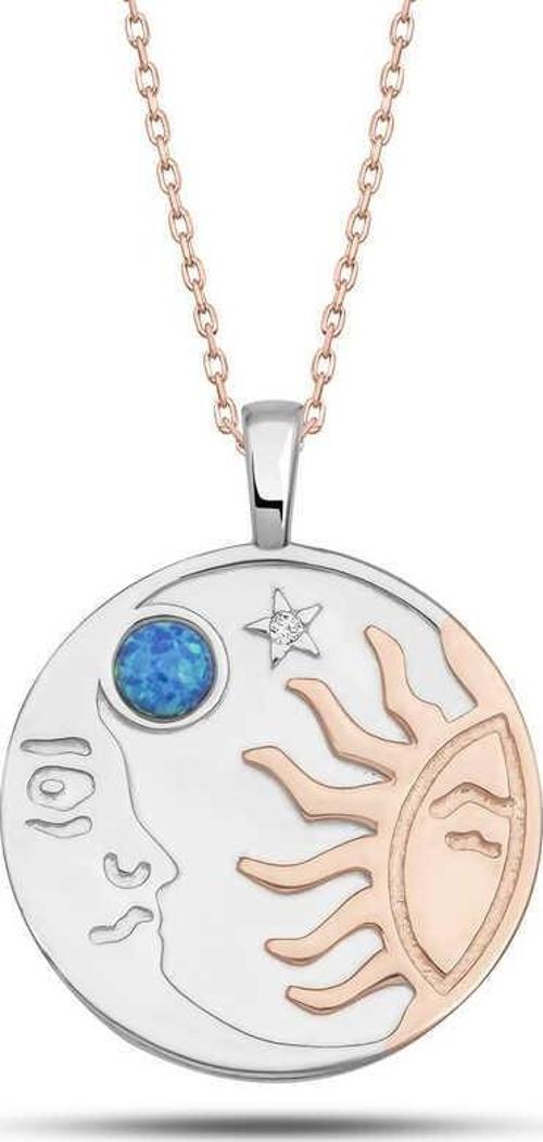 925 Ayar Gümüş Rose Opal Mavi Taşlı Ay Güneş Kadın Kolye