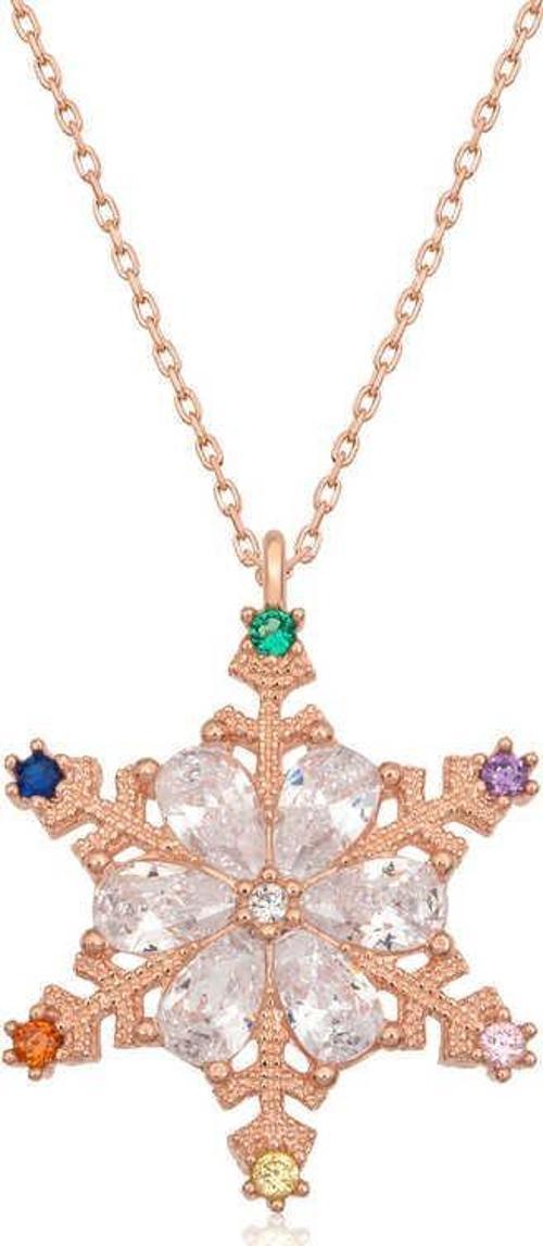 925 Ayar Gümüş Rose Renkli Taşlı Kar Tanesi Kadın Gümüş Kolye