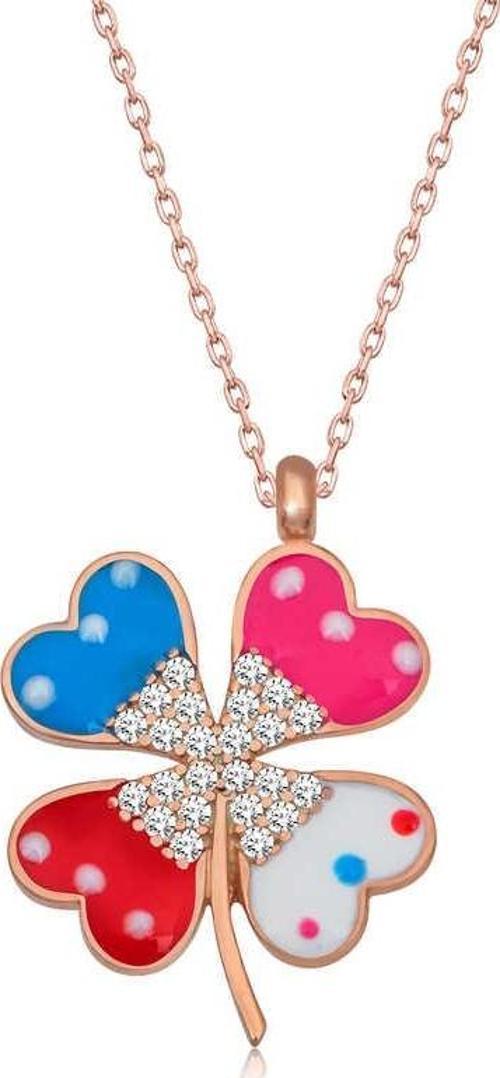 925 Ayar Gümüş Rose Renkli Taşlı Yonca Kadın Gümüş Kolye