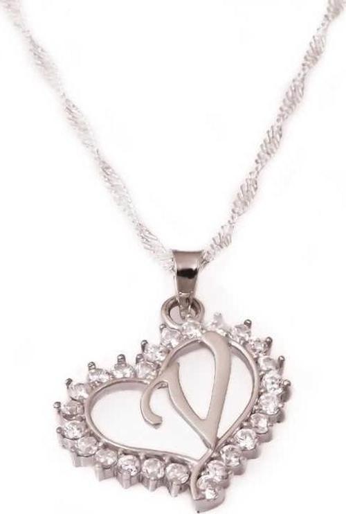 925 Ayar Gümüş V Harfi Kalpli Kadın Gümüş Kolye