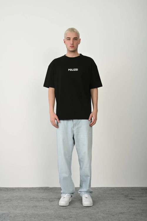 Erkek Baskılı T-Shirt Kısa Kol Bisiklet Yaka Rahat Kalıp Tişört - Siyah