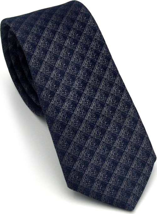 Gri Küp Desenli Lacivert Dokuma Kumaş Mendilli Slim Fit Kravat // SDK-2605-2