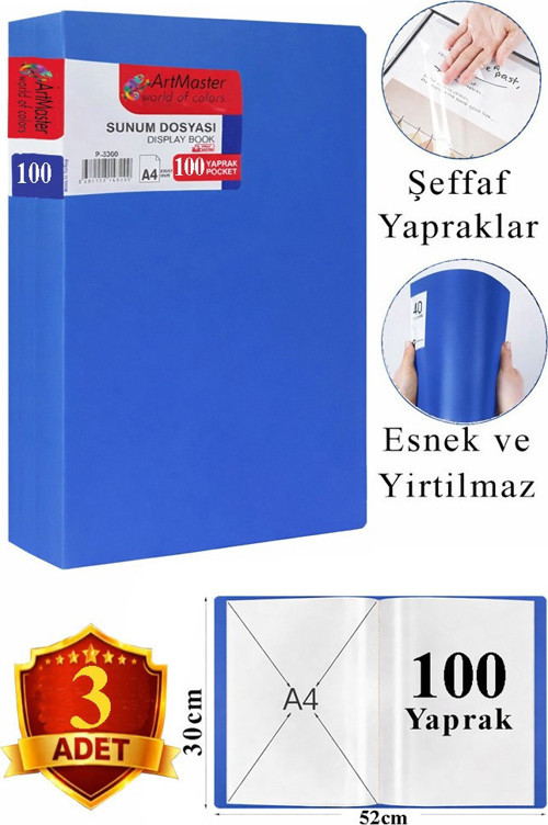 Mavi Sunum Dosyası 100 lü 3 Adet Poşet Dosyalı Katalog Dosyası 100 Poşetli Kendinden Dosya Plastik Kapaklı