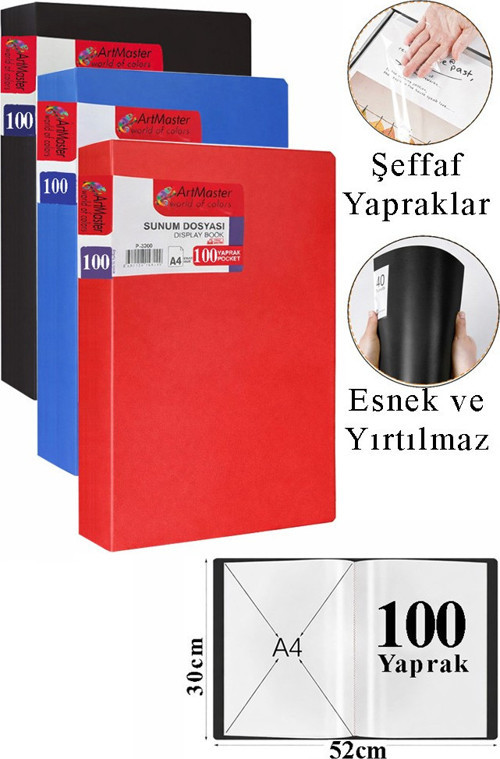 Siyah Mavi Kırmızı Sunum Dosyası 100 lü 3 Adet Poşet Dosyalı Katalog Dosyası 100 Poşetli Kendinden Dosya Plastik Kapaklı