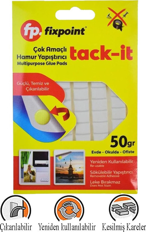 Hamur Yapıştırıcı Tack-it 50gr 1 Paket Fixpoint 65 Parça Macun Sakız Yapıştırıcı Takıt Çerçeve Afiş Duvar İz Bırakmaz