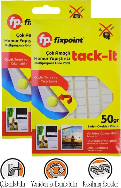 Hamur Yapıştırıcı Tack-it 50gr 2 Paket Fixpoint 65 Parça Macun Sakız Yapıştırıcı Takıt Çerçeve Afiş Duvar İz Bırakmaz