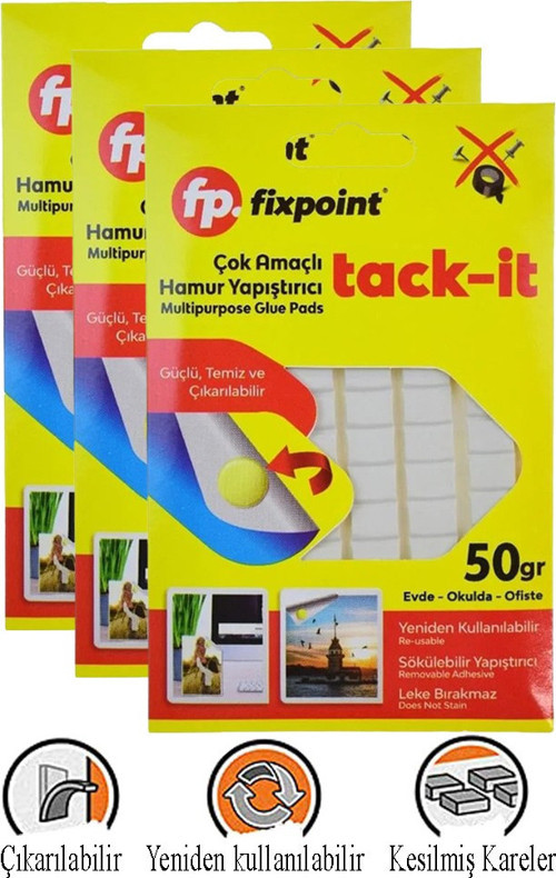 Hamur Yapıştırıcı Tack-it 50gr 3 Paket Fixpoint 65 Parça Macun Sakız Yapıştırıcı Takıt Çerçeve Afiş Duvar İz Bırakmaz