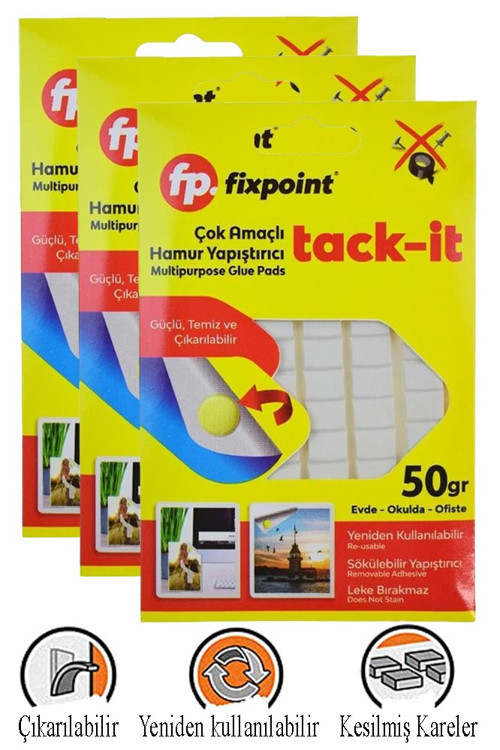 Hamur Yapıştırıcı Tack-it 50gr 3 Paket Fixpoint 65 Parça Macun Sakız Yapıştırıcı Takıt Çerçeve Afiş Duvar İz Bırakmaz