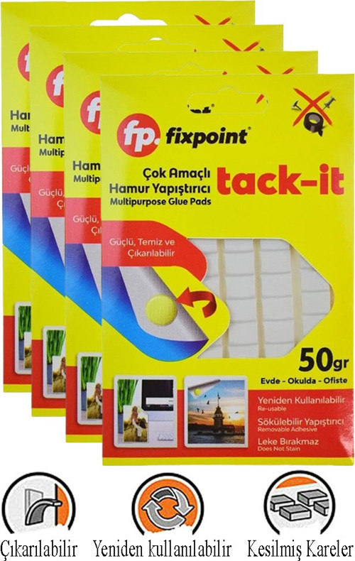 Hamur Yapıştırıcı Tack-it 50gr 4 Paket Fixpoint 65 Parça Macun Sakız Yapıştırıcı Takıt Çerçeve Afiş Duvar İz Bırakmaz