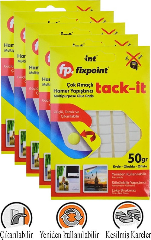 Hamur Yapıştırıcı Tack-it 50gr 5 Paket Fixpoint 65 Parça Macun Sakız Yapıştırıcı Takıt Çerçeve Afiş Duvar İz Bırakmaz