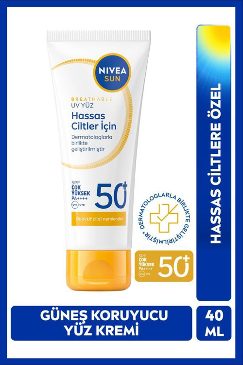SUN SPF50+Yüz Güneş Kremi 40ml, Hassas Ciltlere Özel,Nemlendirici,Yatıştırıcı