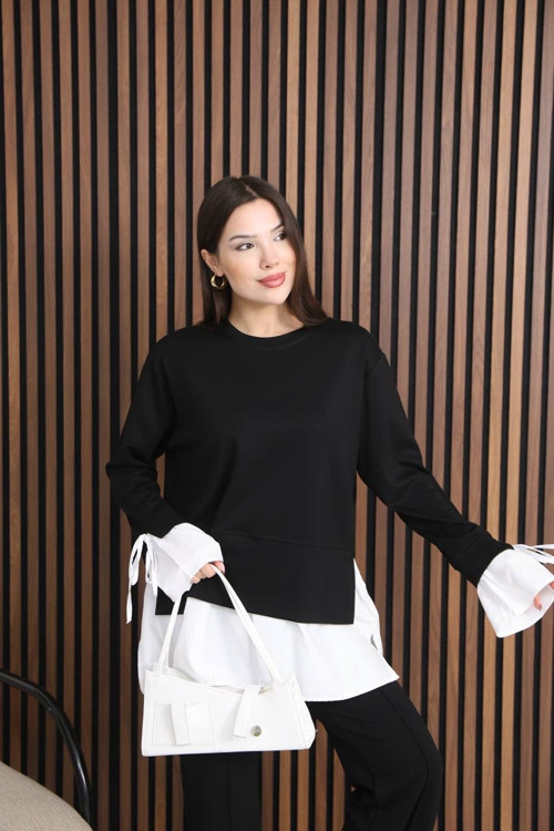 Kadın Katman Detaylı Uzun Tunik – Bağlama Kollu Rahat Kesim Günlük Şık Bluz