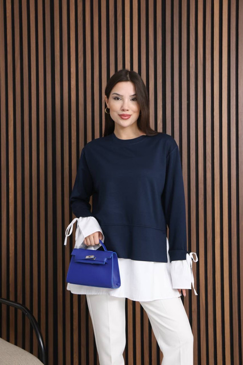 Kadın Katman Detaylı Uzun Tunik – Bağlama Kollu Rahat Kesim Günlük Şık Bluz