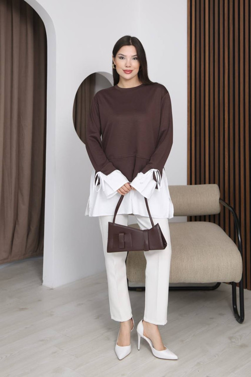 Kadın Katman Detaylı Uzun Tunik – Bağlama Kollu Rahat Kesim Günlük Şık Bluz