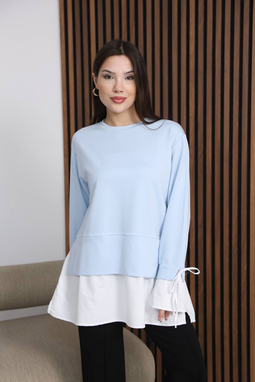 Kadın Katman Detaylı Uzun Tunik – Bağlama Kollu Rahat Kesim Günlük Şık Bluz